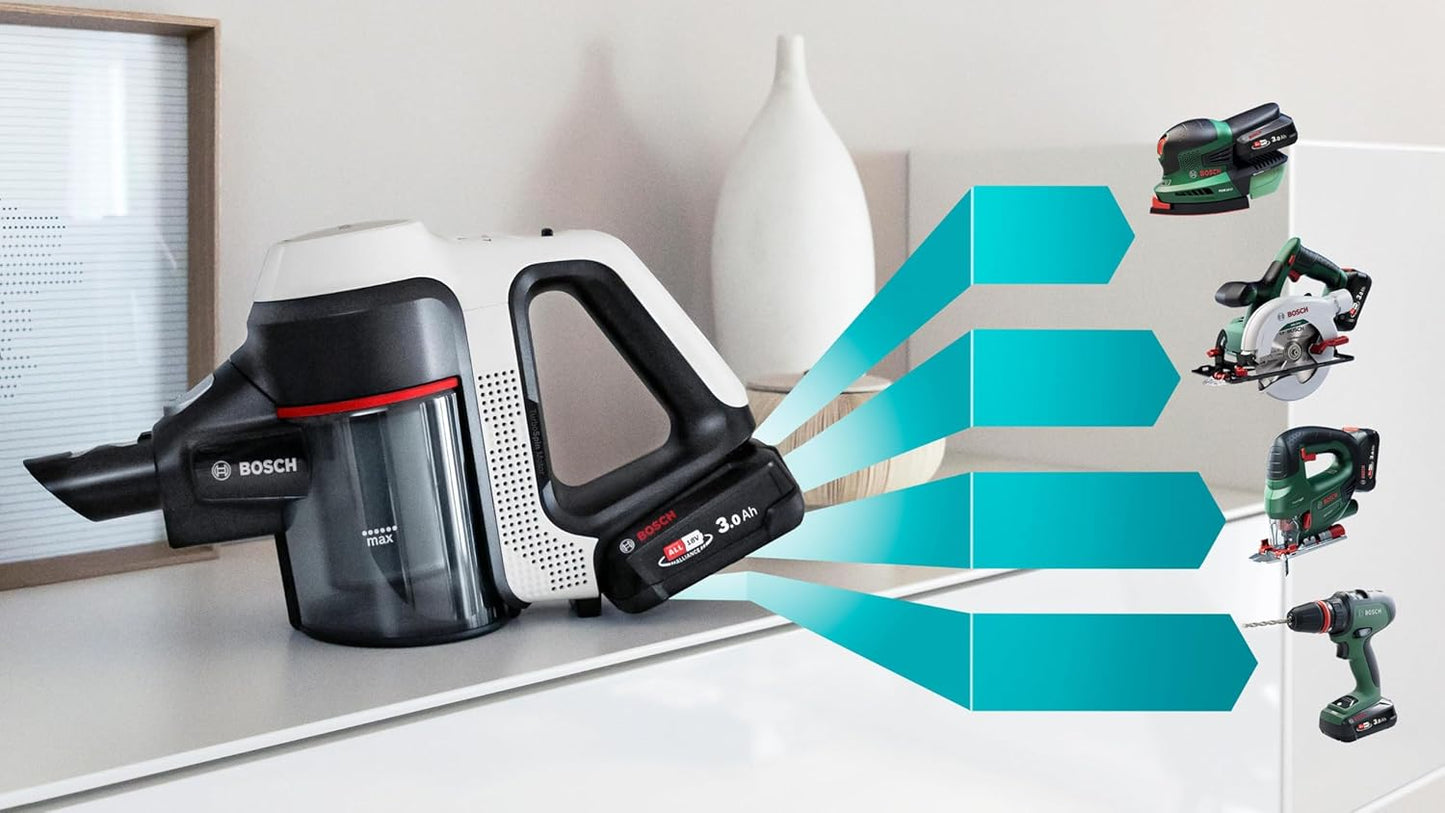 Bosch - Aspirador sin Cable Unlimited 7, Pack de batería de 3.0 Ah, Tubo Flexible, diseño Ligero, Accesorios, Luces LED, Blanco BBS711W
