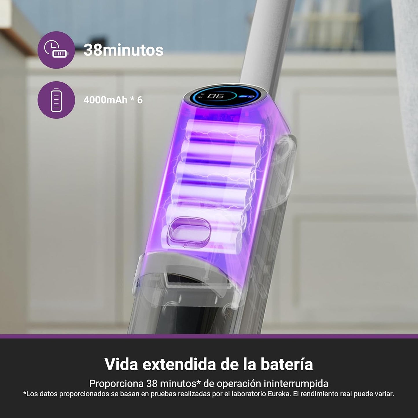 Eureka RapidWash NEW630 Aspiradora Fregadora Sin Cable en Seco y Húmedo,Posición Plana de 170°,Secado por Aire Caliente a 60°C,21600 Pa,38 Min,Autolimpieza y Función Antienredos,Depósito Doble,LED
