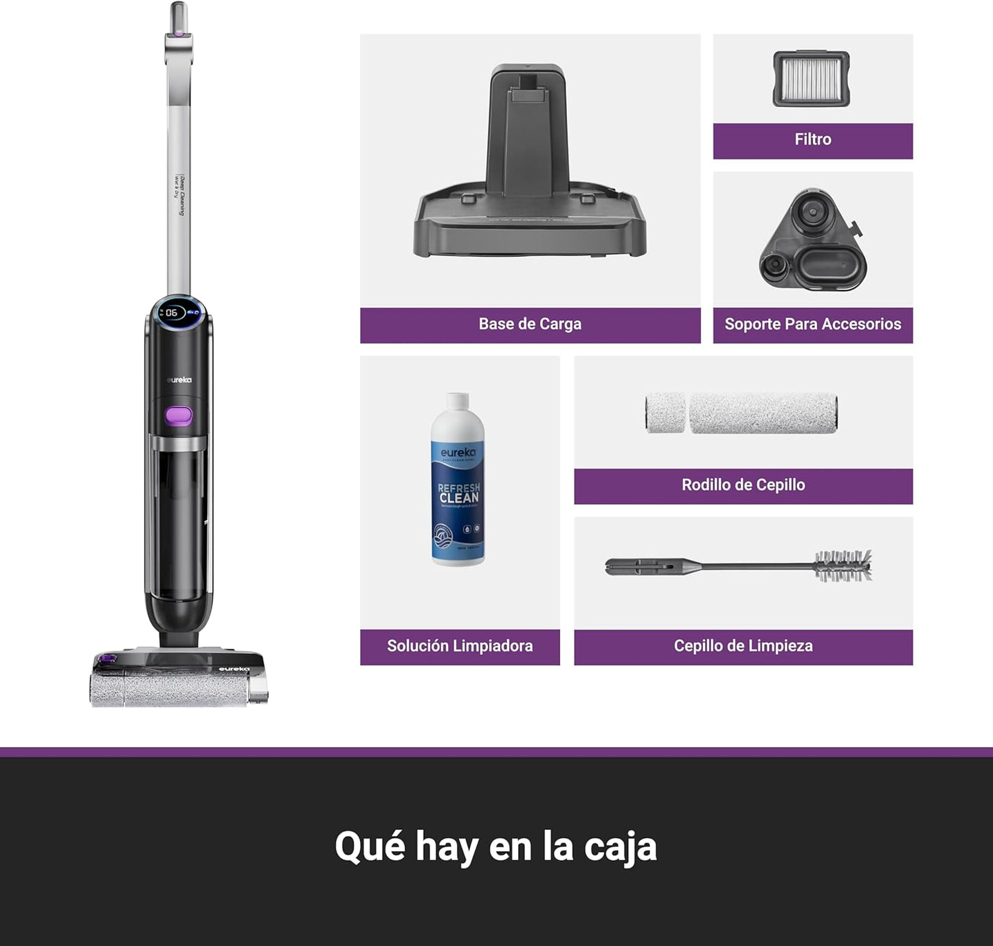 Eureka RapidWash NEW630 Aspiradora Fregadora Sin Cable en Seco y Húmedo,Posición Plana de 170°,Secado por Aire Caliente a 60°C,21600 Pa,38 Min,Autolimpieza y Función Antienredos,Depósito Doble,LED