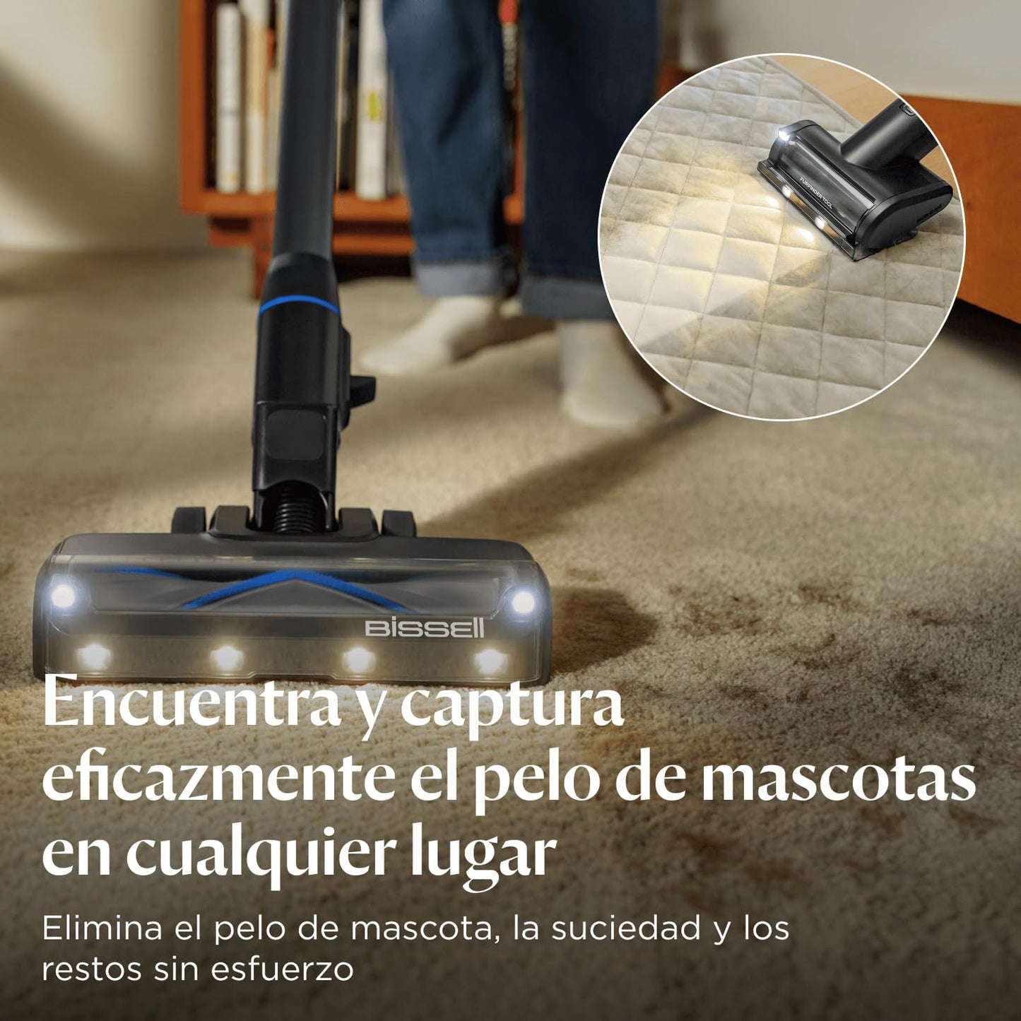 Bissell PowerClean FurGuard, Aspiradora Sin Cable, Motor 280W, Aspiradora Escoba, Rodillo Autolimpieza, Luces FurFinder, Autosoportado, Filtro HEPA, 2500 mAh Batería Extraíble, 50 min, 4091N