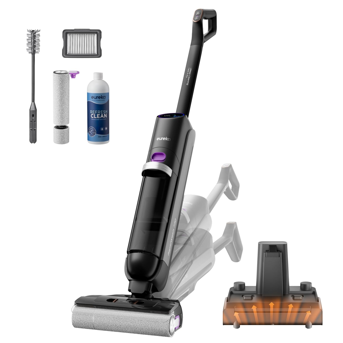 Eureka RapidWash NEW630 Aspiradora Fregadora Sin Cable en Seco y Húmedo,Posición Plana de 170°,Secado por Aire Caliente a 60°C,21600 Pa,38 Min,Autolimpieza y Función Antienredos,Depósito Doble,LED
