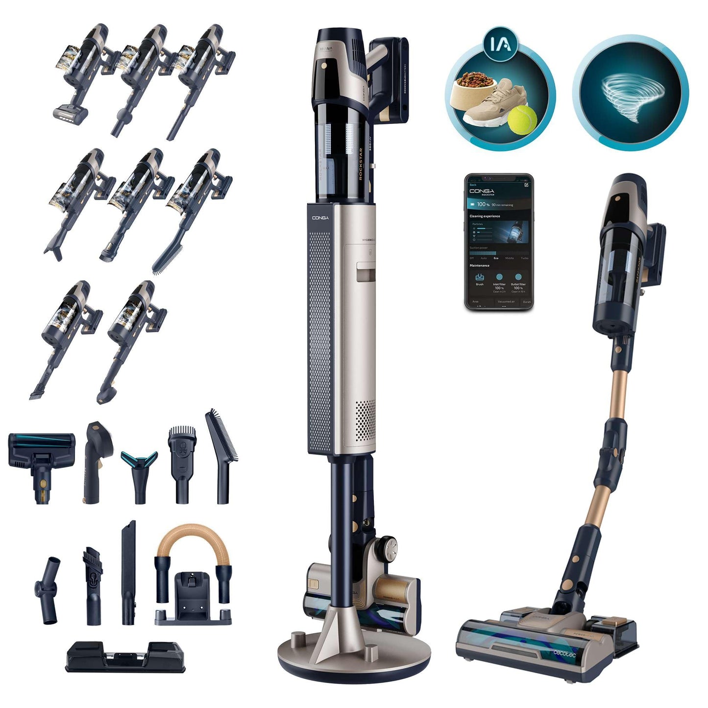 Cecotec Aspiradora Escoba Sin Cable Conga Rockstar 5500 Hurricane Station Flex, MAX 220 AW, 700 W, Base de Autovaciado, hasta 90min de Autonomía, Cepillo antienredos, Tubo Flexible y Ciclón Paralelo