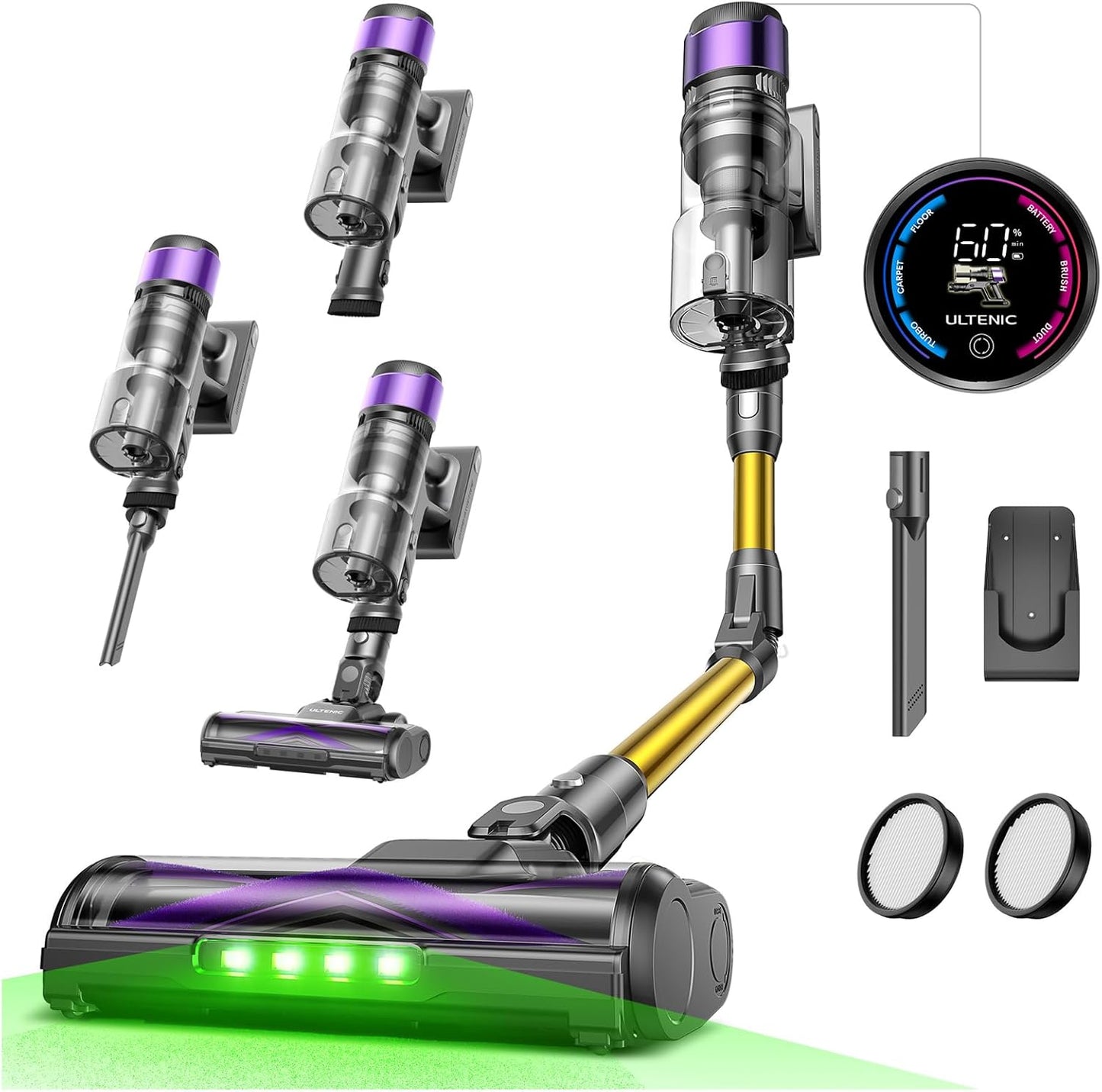 Ultenic U20 Aspiradora sin Cable 55Kpa/60Min, Cepillo Anti-Enredo Mejorado 2025, Aspirador Escoba con Brazo Flexible, Limpieza Ultraprofunda Bajo Muebles sin Agacharse (Oro y Morado)