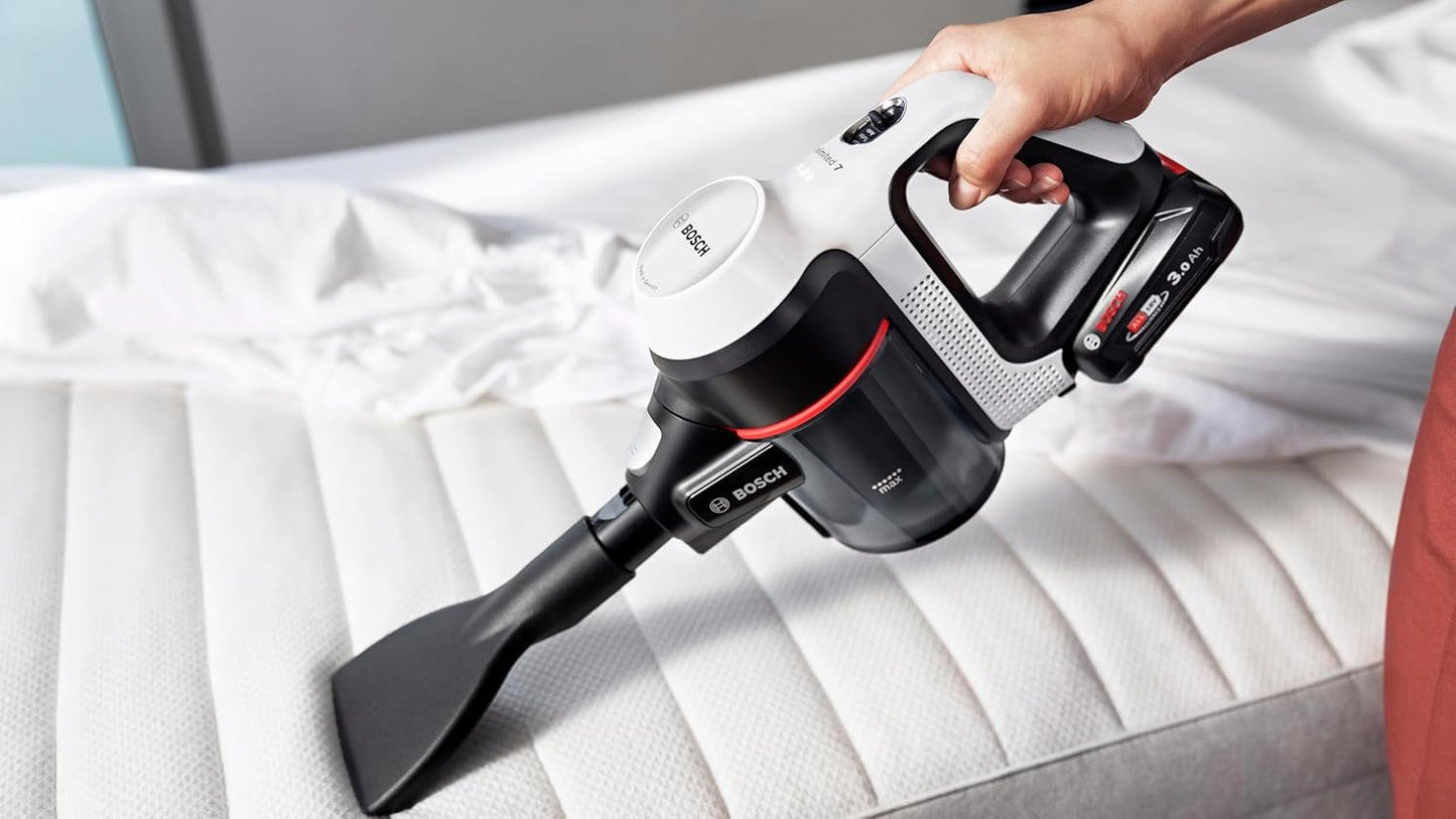 Bosch - Aspirador sin Cable Unlimited 7, Pack de batería de 3.0 Ah, Tubo Flexible, diseño Ligero, Accesorios, Luces LED, Blanco BBS711W