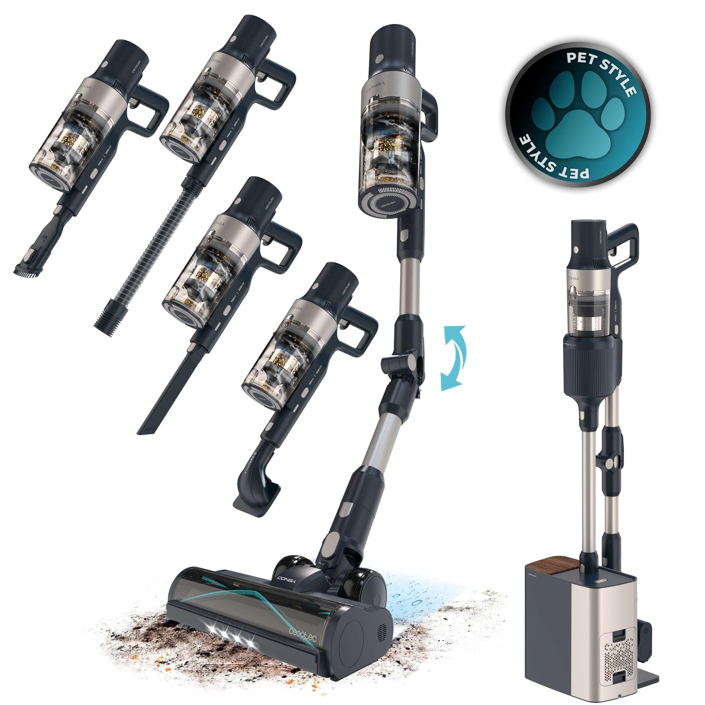 Cecotec Aspiradora Escoba Sin Cable Conga Rockstar 5500 Hurricane Station Flex, MAX 220 AW, 700 W, Base de Autovaciado, hasta 90min de Autonomía, Cepillo antienredos, Tubo Flexible y Ciclón Paralelo