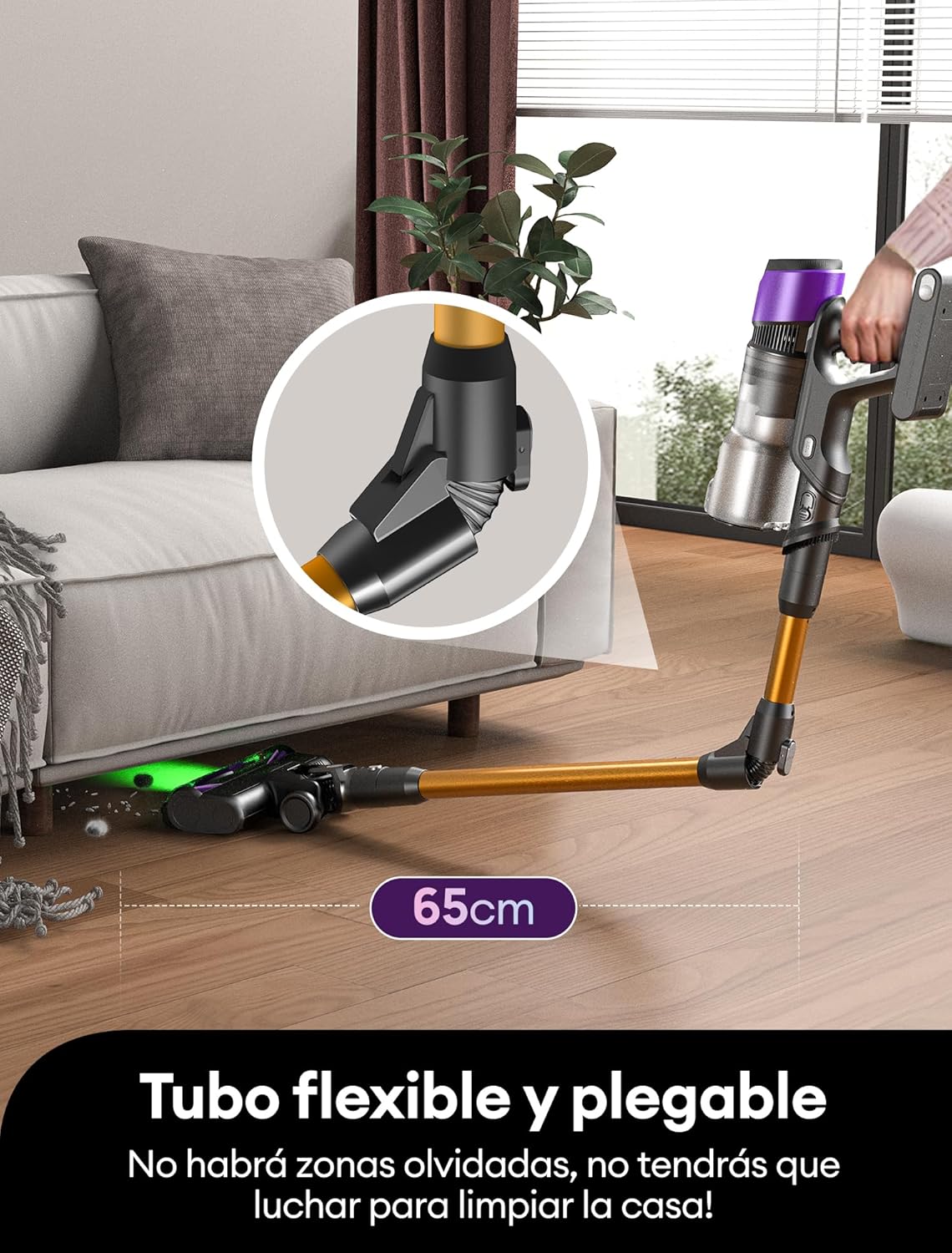 Ultenic U20 Aspiradora sin Cable 55Kpa/60Min, Cepillo Anti-Enredo Mejorado 2025, Aspirador Escoba con Brazo Flexible, Limpieza Ultraprofunda Bajo Muebles sin Agacharse (Oro y Morado)