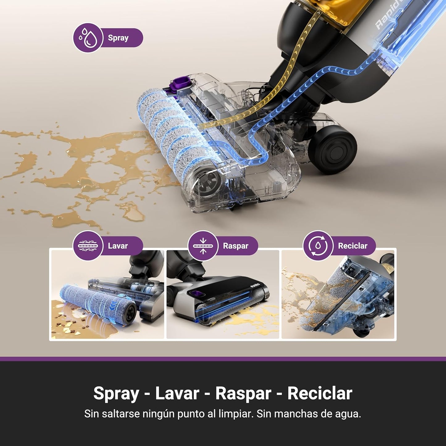 Eureka RapidWash NEW630 Aspiradora Fregadora Sin Cable en Seco y Húmedo,Posición Plana de 170°,Secado por Aire Caliente a 60°C,21600 Pa,38 Min,Autolimpieza y Función Antienredos,Depósito Doble,LED