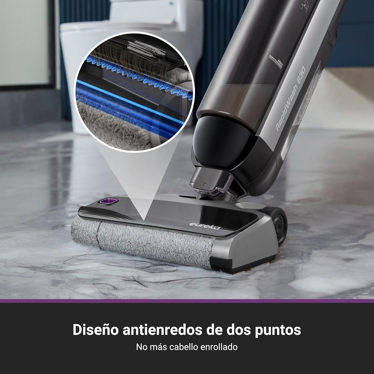 Eureka RapidWash NEW630 Aspiradora Fregadora Sin Cable en Seco y Húmedo,Posición Plana de 170°,Secado por Aire Caliente a 60°C,21600 Pa,38 Min,Autolimpieza y Función Antienredos,Depósito Doble,LED