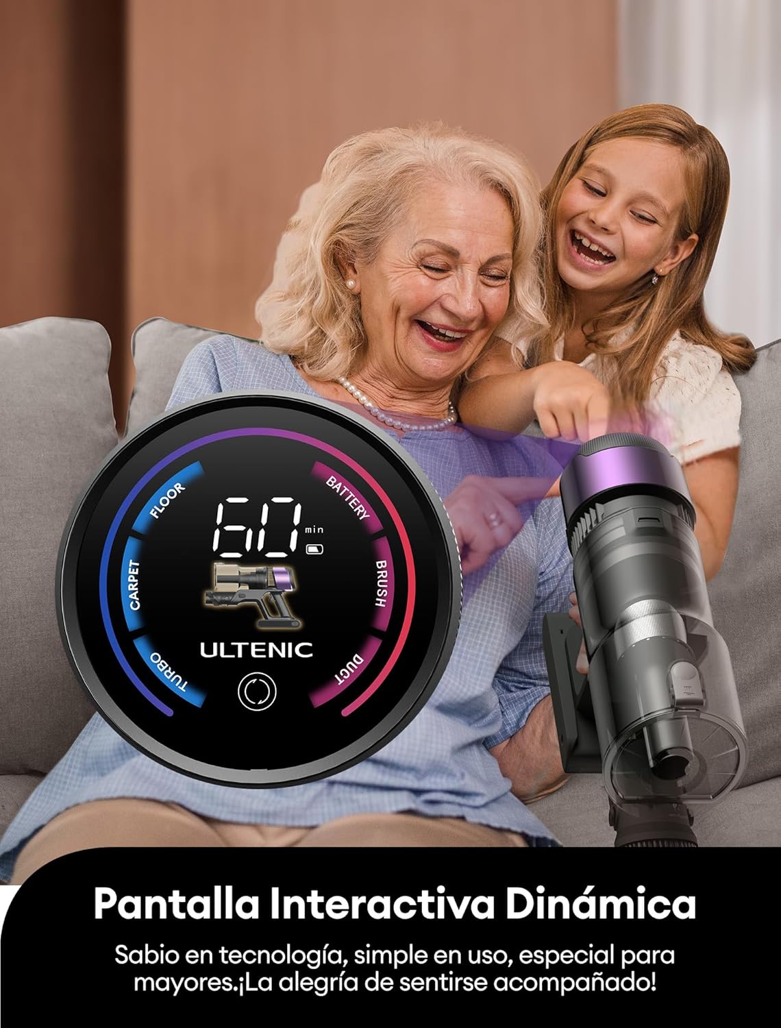Ultenic U20 Aspiradora sin Cable 55Kpa/60Min, Cepillo Anti-Enredo Mejorado 2025, Aspirador Escoba con Brazo Flexible, Limpieza Ultraprofunda Bajo Muebles sin Agacharse (Oro y Morado)