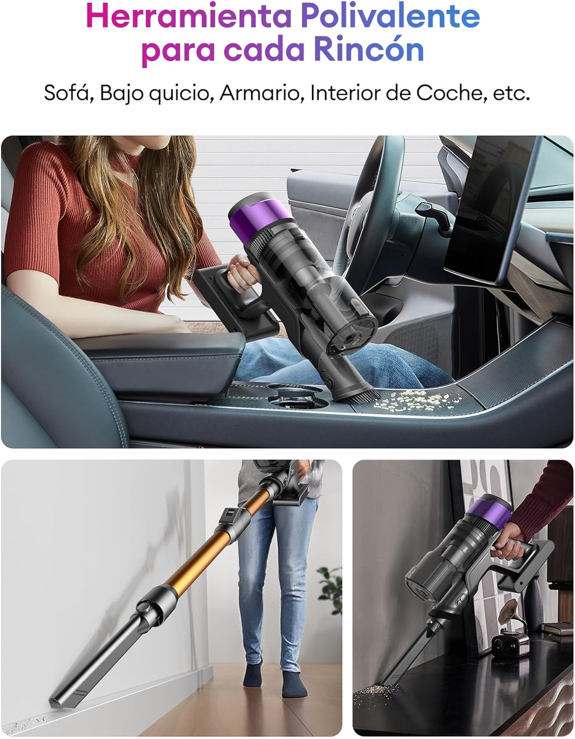Ultenic U20 Aspiradora sin Cable 55Kpa/60Min, Cepillo Anti-Enredo Mejorado 2025, Aspirador Escoba con Brazo Flexible, Limpieza Ultraprofunda Bajo Muebles sin Agacharse (Oro y Morado)