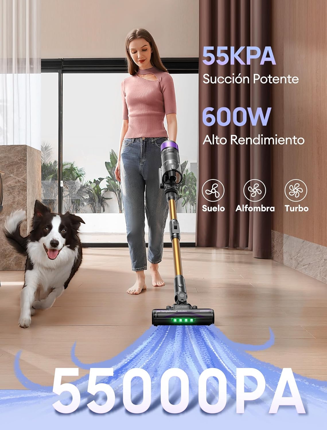 Ultenic U20 Aspiradora sin Cable 55Kpa/60Min, Cepillo Anti-Enredo Mejorado 2025, Aspirador Escoba con Brazo Flexible, Limpieza Ultraprofunda Bajo Muebles sin Agacharse (Oro y Morado)