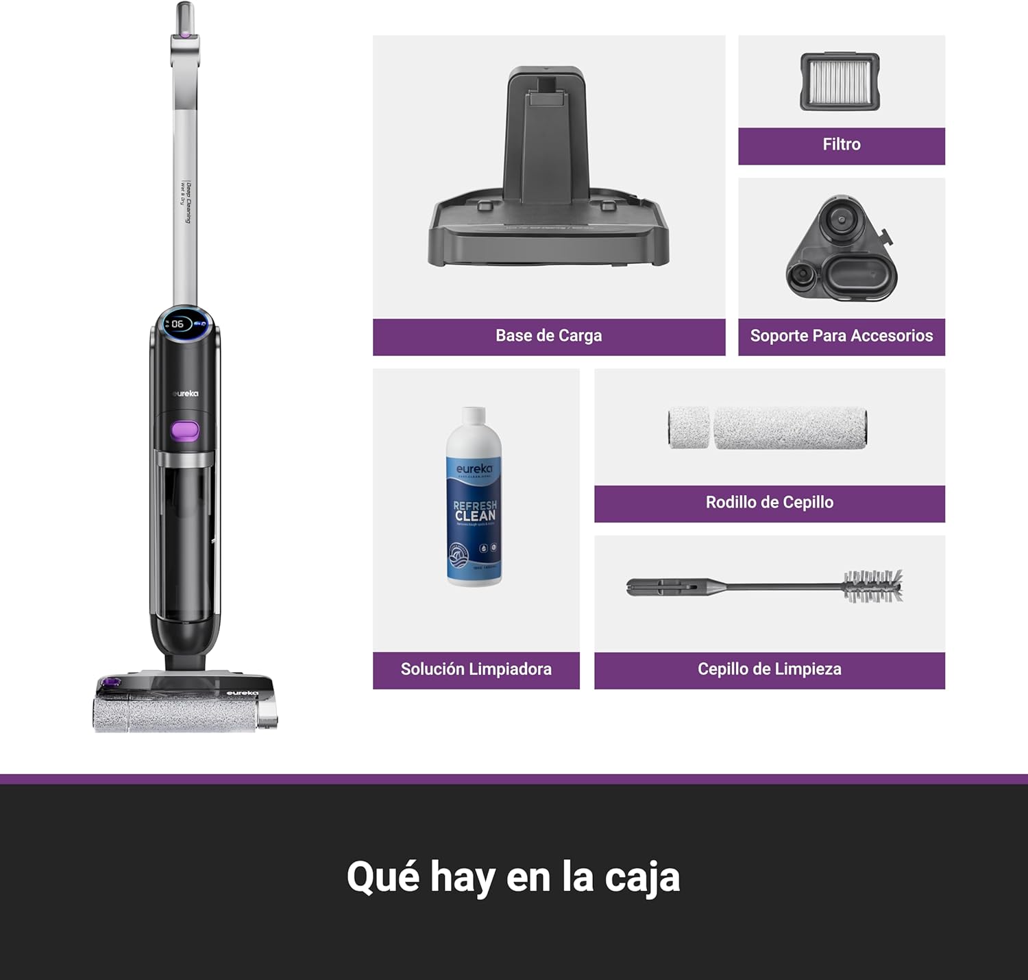 Eureka RapidWash NEW630 Aspiradora Fregadora Sin Cable en Seco y Húmedo,Posición Plana de 170°,Secado por Aire Caliente a 60°C,21600 Pa,38 Min,Autolimpieza y Función Antienredos,Depósito Doble,LED