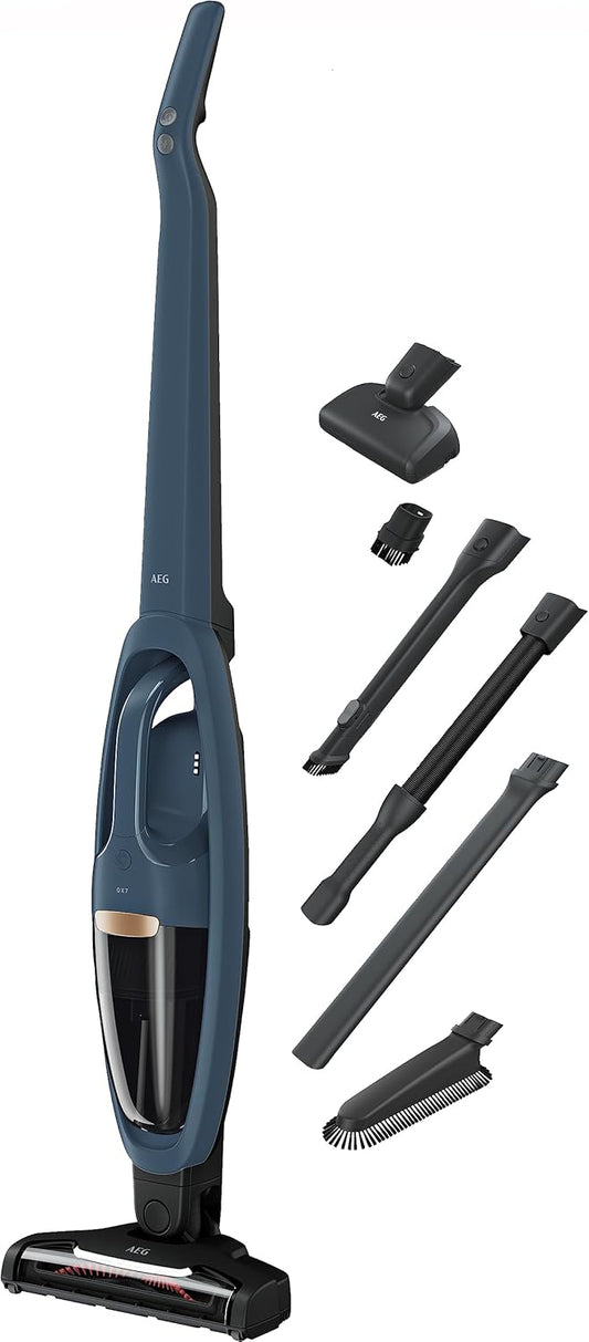 AEG QX7-1-I360 Aspiradora Sin Cable, 21,6 V, Autonomía de 50 min, 2 Velocidades, Tecnología Cyclonic, Filtración de 5 Pasos, Depósito de 0,3 L, Aspiradora Escoba y de Mano, Azul
